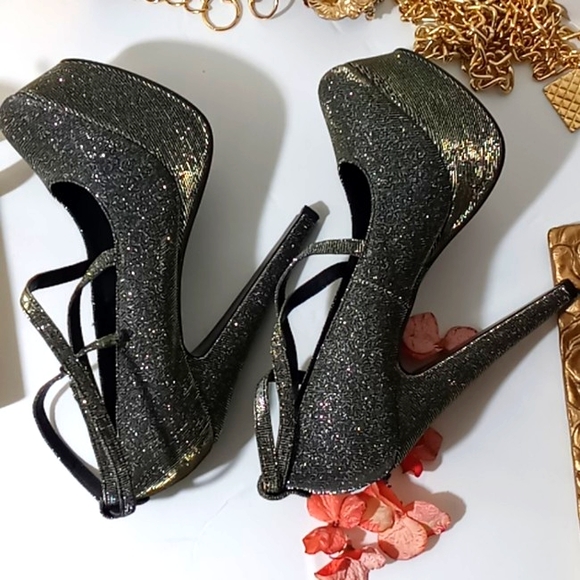 "OFFICE London" Shimmery Crisscross Strappy Round Toe Party Festive Heels - Picture 7 of 12